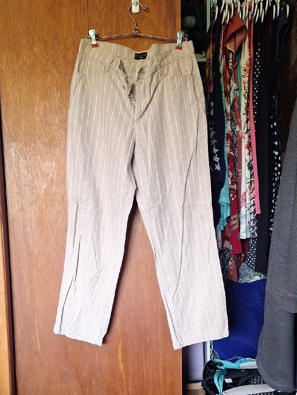Wide Leg Pinstriped Trousers in Light Beige
